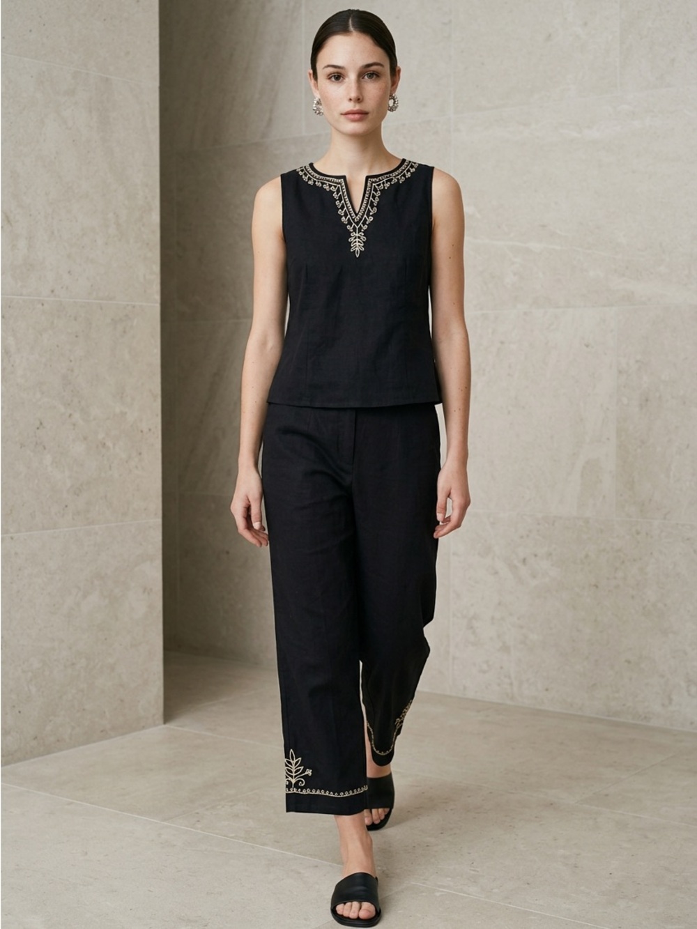 Embroidered Sleeveless Black 2 Piece Set